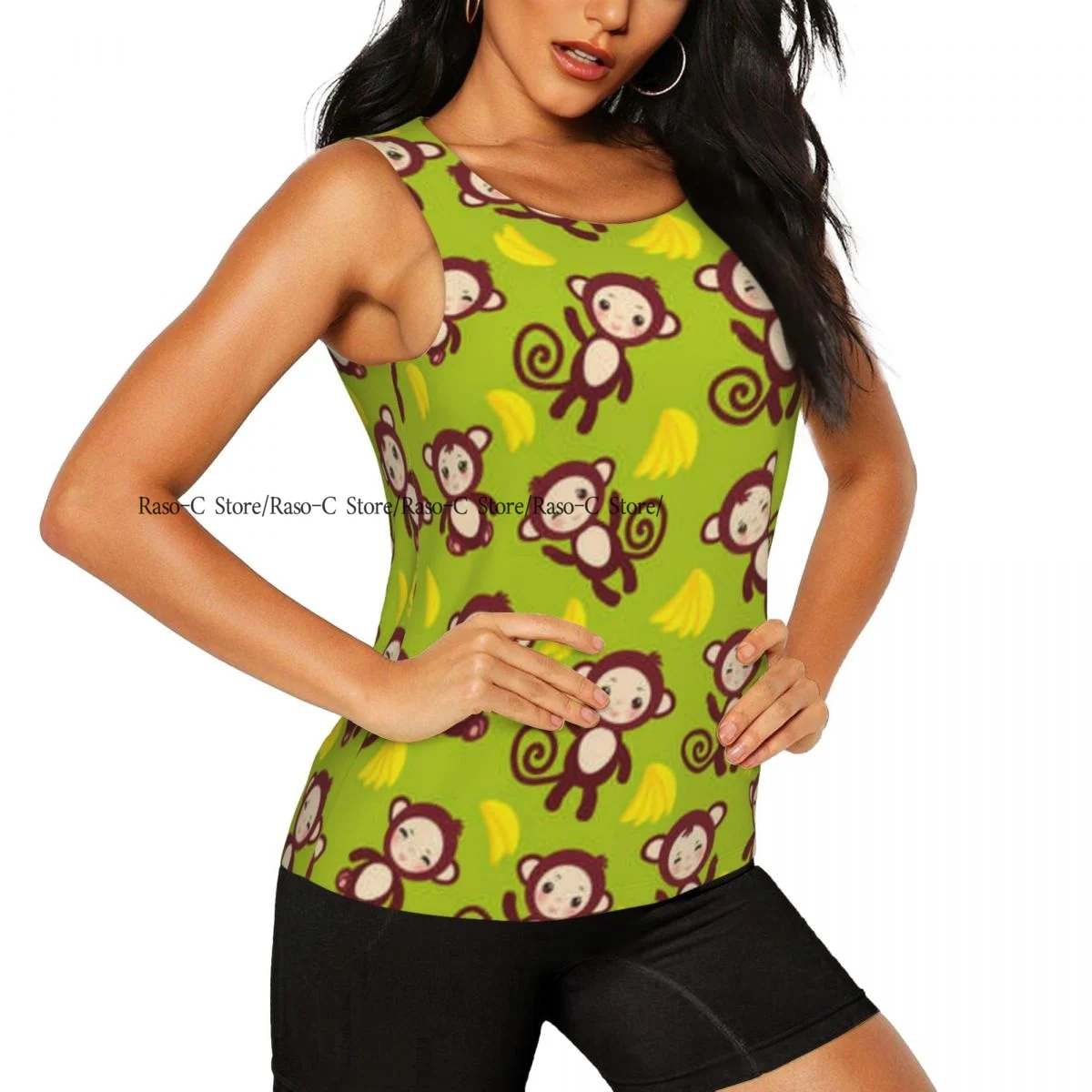 Women Fitness Sexy Yoga Vest Funny Monkey Bananas Background Gym Sports Top Tank Female