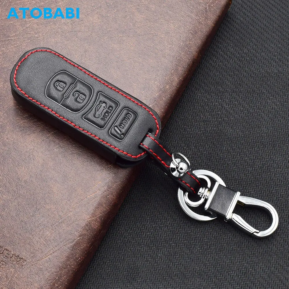 ATOBABI Leather Car Key Case Keychain For Mazda 3 6 CX-5 CX-7 CX-9 MX-5 MIATA 4 Buttons Smart Keyless Remote Fob Protector Cover