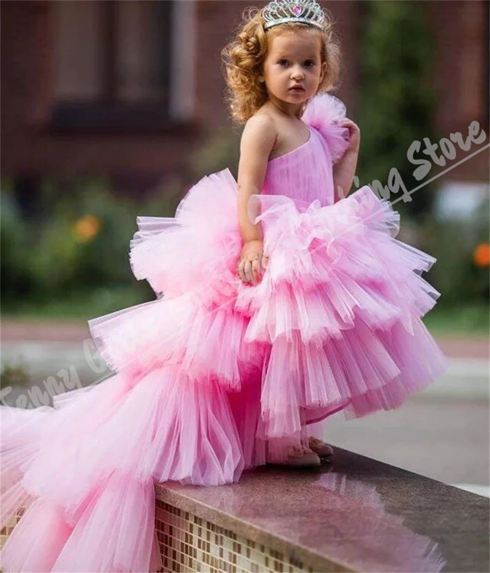 Pink One-shoulder Flower Girl Dress With Fluffy Layered Party Elegant Communion Dress Children Suitable Piano Performances Hosts