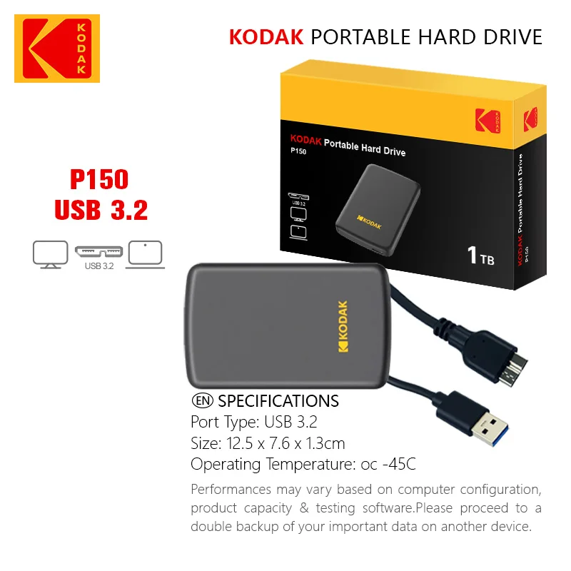 Kodak P150 2,5-дюймовый портативный внешний жесткий диск — высокоскоростное хранилище 1 ТБ/500 ГБ, чтение до 450 Мбит/с для ноутбука, настольного компьютера, PS4, PS5