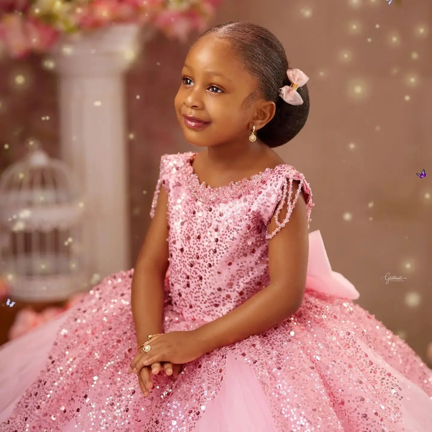 

Pink Sequined Flower Girl Dress For Wedding Kids Princess Beading Photo Shoot Girl's Birthday Party Gown