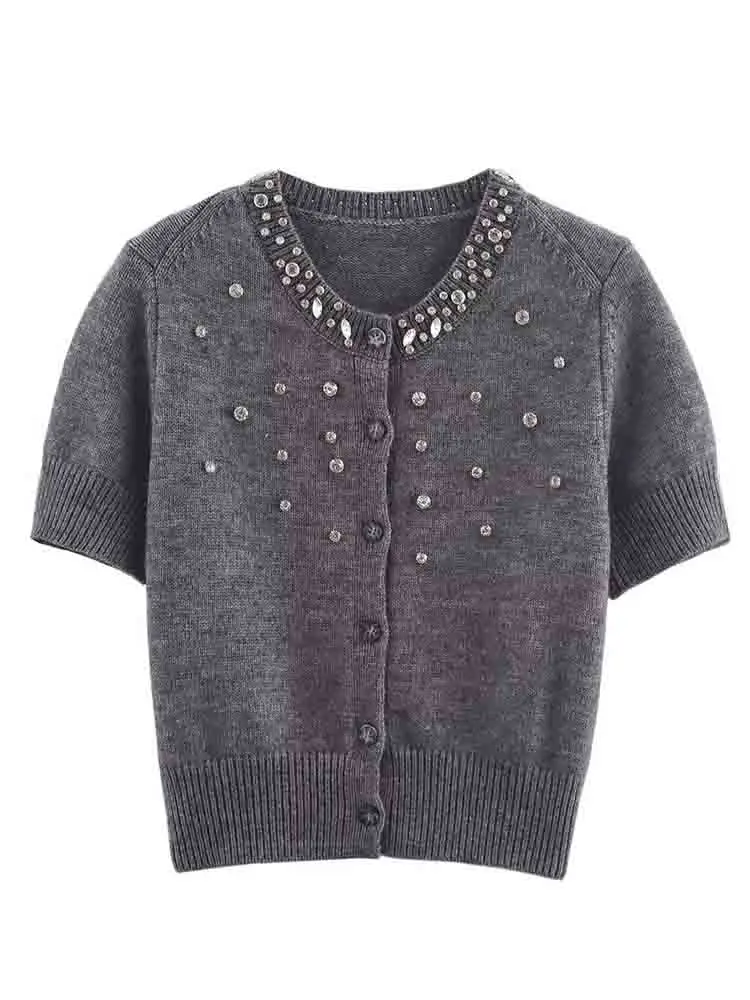 

Новый женский модный универсальный темпераментный вязаный кардиган в европейском стиле с инкрустацией в рубчик и круглым вырезом с короткими рукавами