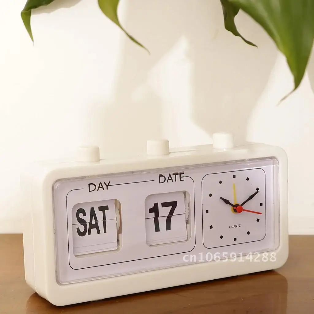 Retro Table Auto with Clock Non-ticking Day Flip Clock Date Calendar Display