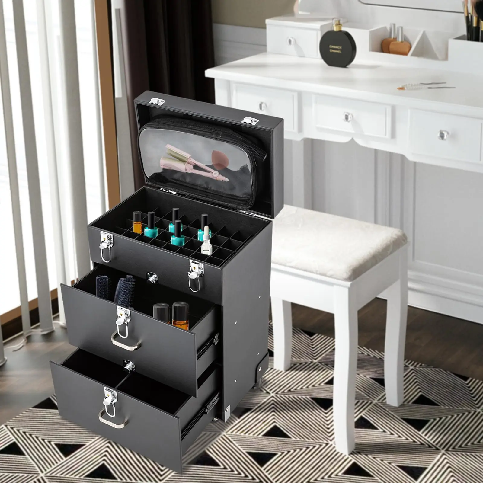 Косметический чемодан Bitodd, чехол на колесиках для макияжа, футляр для хранения большой емкости, органайзер с колесами, органайзер для лака для ногтей