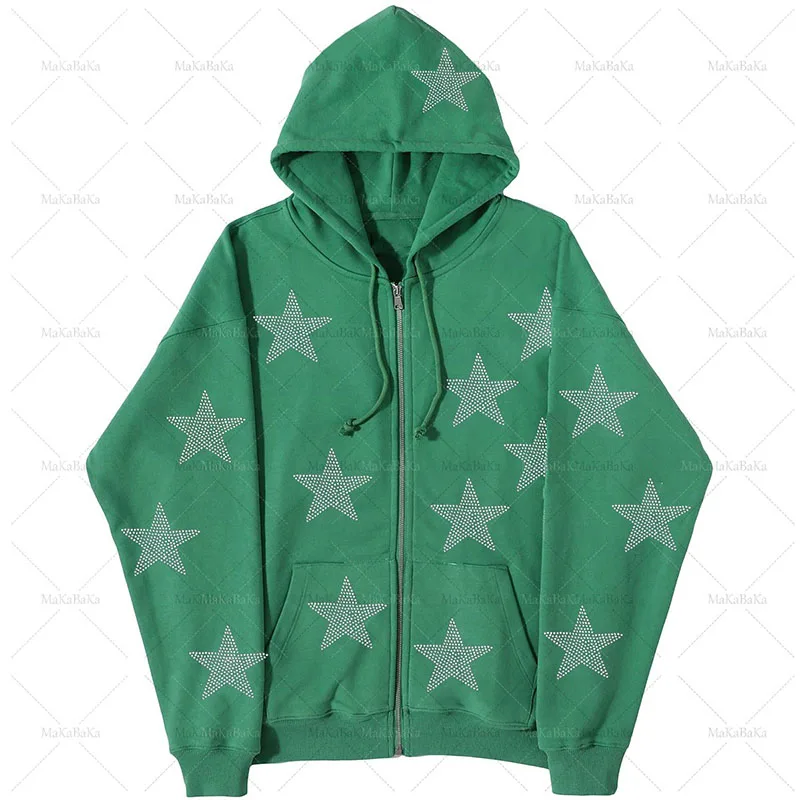 ZSIIBO Vintage Stars Rhinestone Pattern Oversized Hoodie Ladies Zip Long Sleeve Sweatshirt Y2K Aesthetic Winter Grunge Clothing