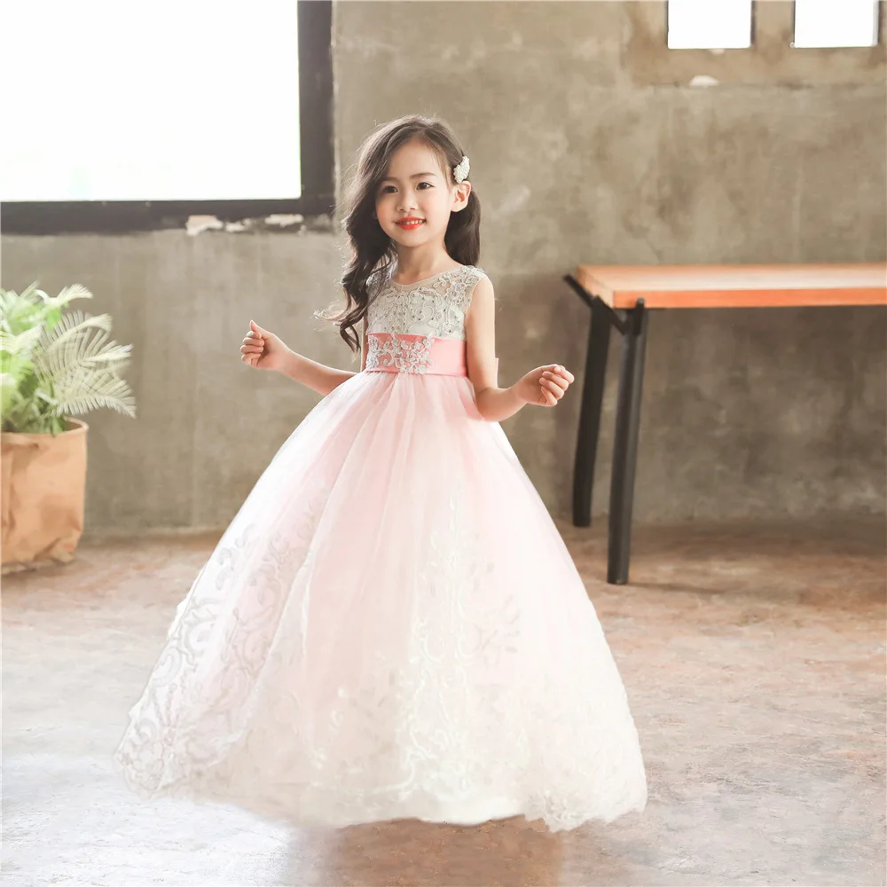 Hot Selling Beautiful Girl Party Dress With Long Train Patchwork Backless Kids Prom Dresses Lace  Ball Gowns 2-14 Years Children