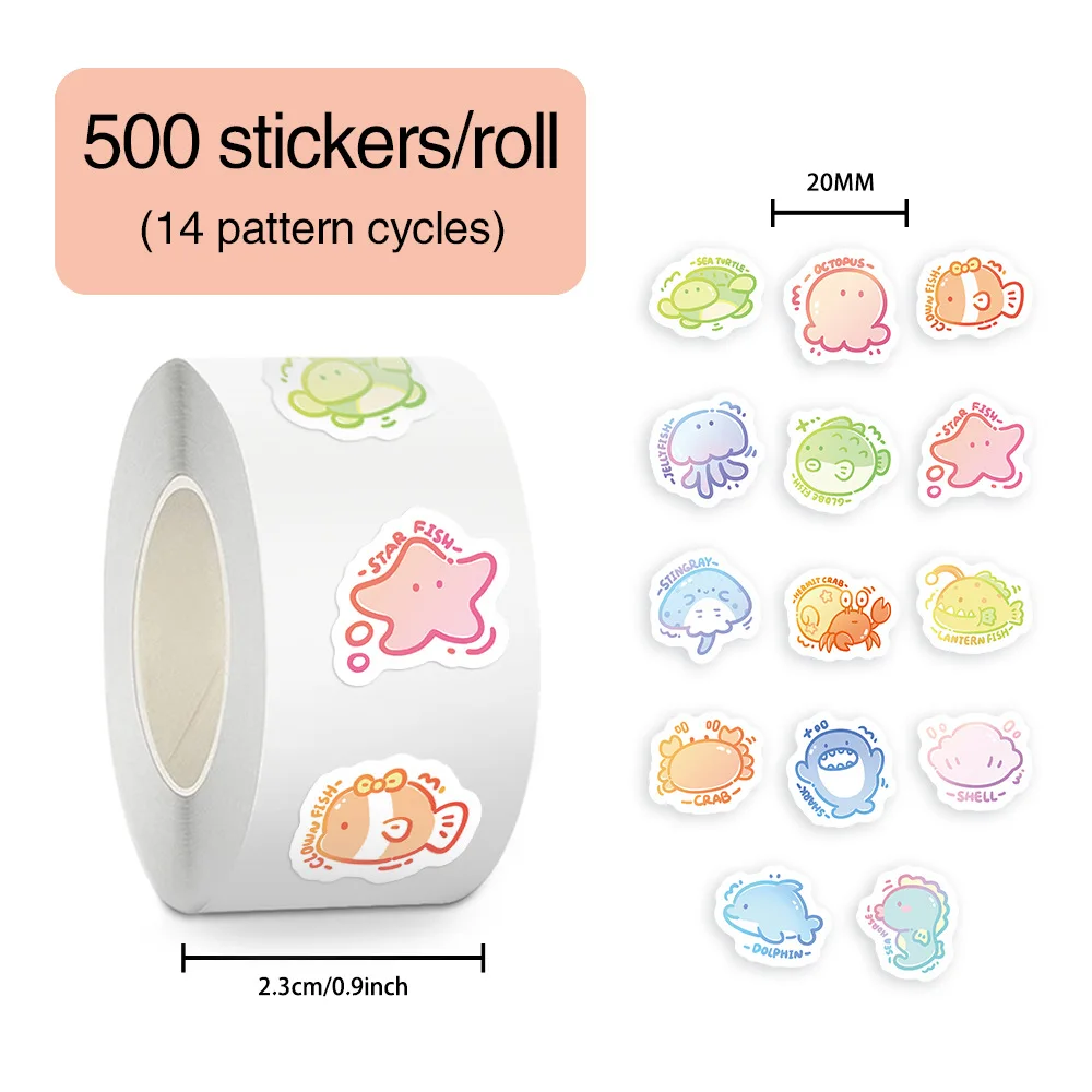 500 Stickers/Roll of High-Quality Cartoon Ocean Stickers, Cute Waterproof Stickers, Decorative Stickers for Journals, Envelope Seal Stickers, Water Cup Decoration Stickers, DIY Gift Stickers, Waterproof Stickers, Advantages: Waterproof, Reusable, No Residue, Reusable Patterns, Exquisite Design.