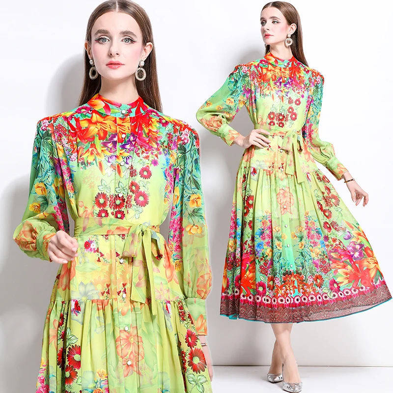 2025 New Spring Summer Women Print Flower Stand Collar Long Single Breasted Lace Up Bow Boho Party Holiday Dresses