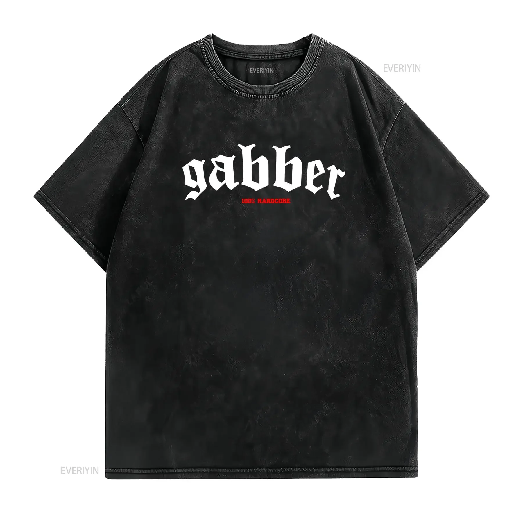 Camiseta Hardcore para Hombres Gabber Negra con Logo Blanco Ropa Urbana Transpirable Cuello Redondo Casual Ajuste vintage