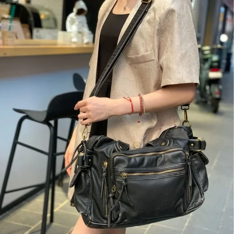 Women's fashion retro old motorcycle bag large capacity washed Y2K hot girl shoulder messenger bag