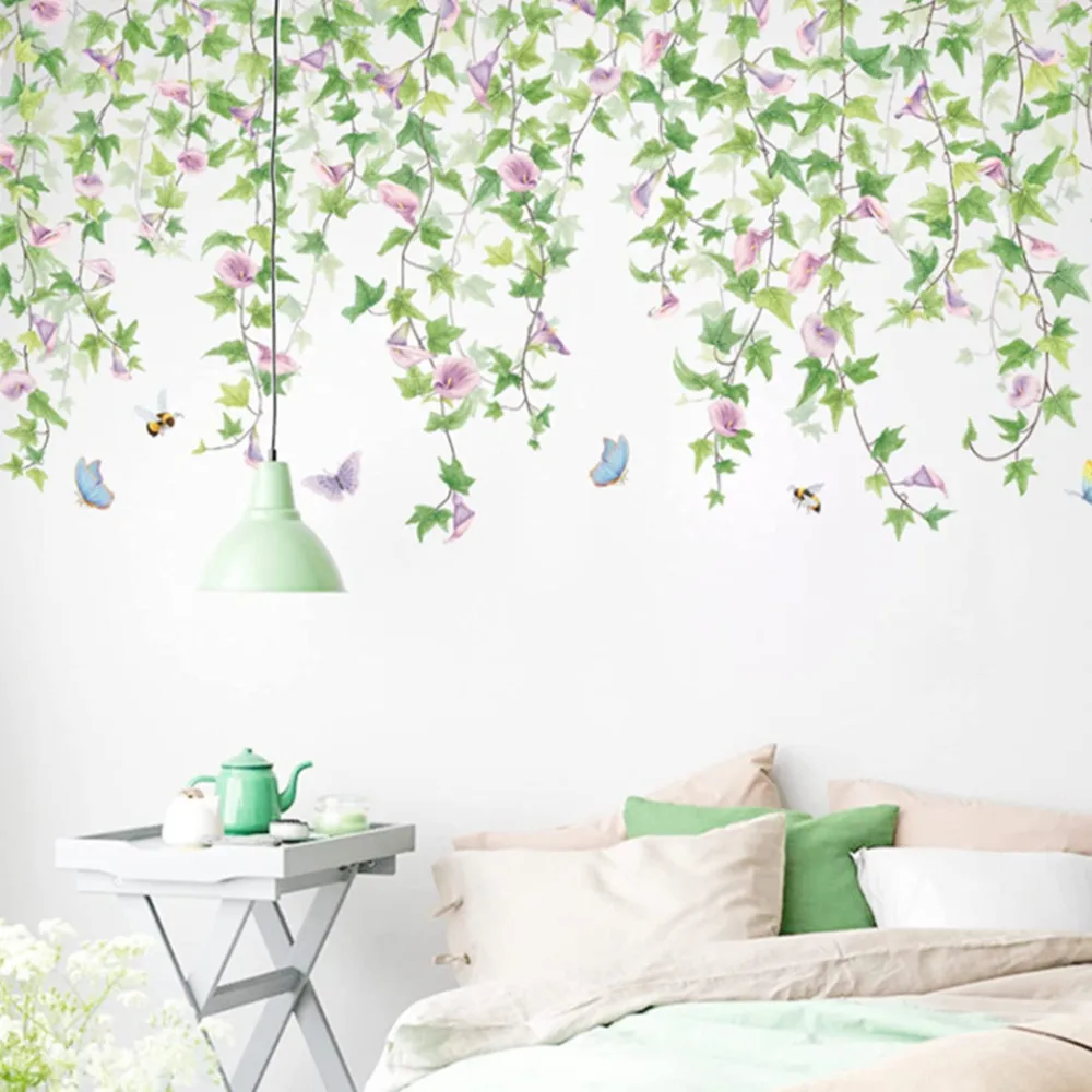 

Morning Glory Rattan Wall Stickers Removable Vine Branches Green Plant Leaves Flower Wallpaper DIY Mural for Home Decoration