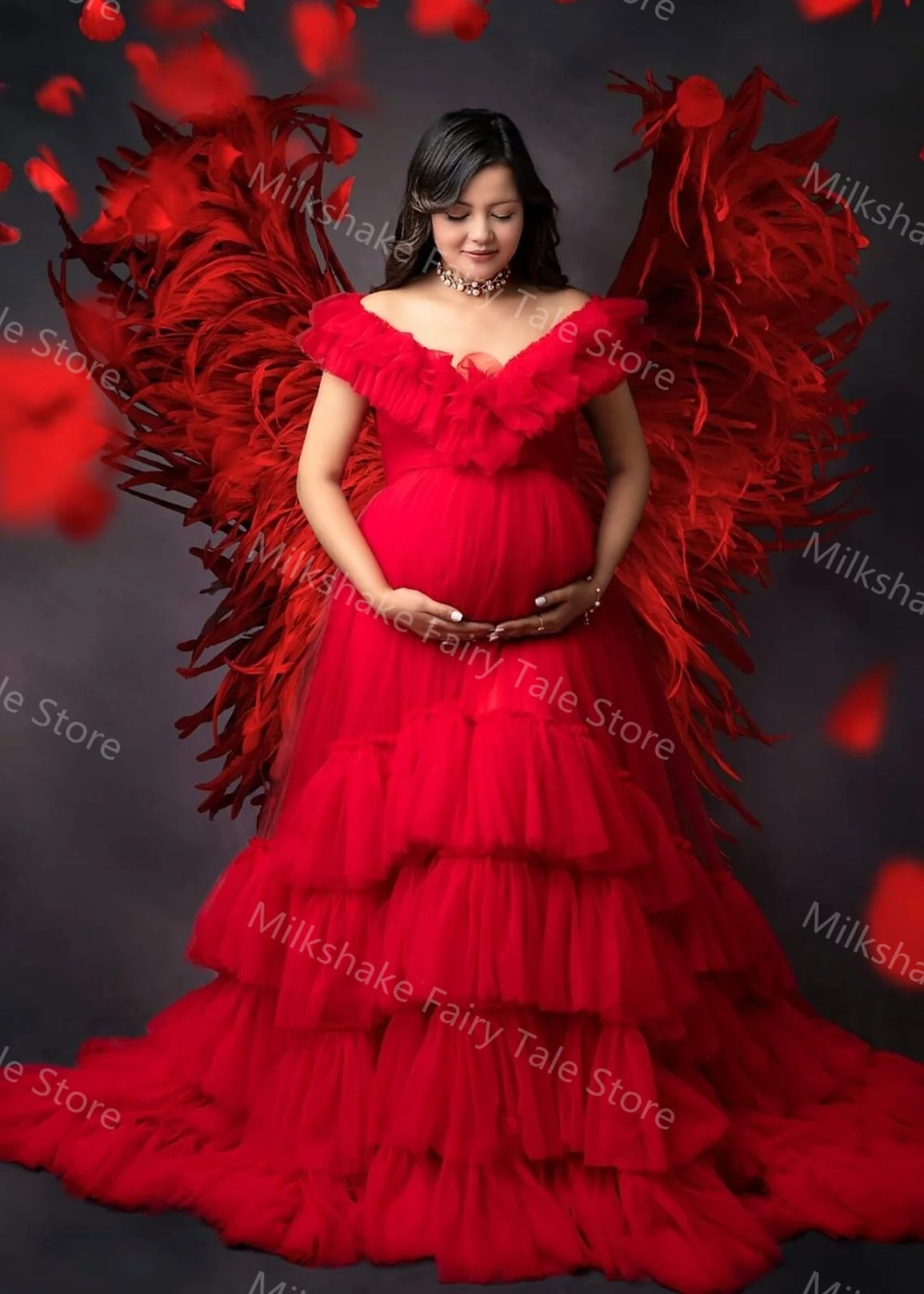 Batas de maternidad Rojas encantadoras para fotografía, hombros descubiertos, una línea, vestidos de embarazo, cuello en V, volantes escalonados, Babyshower