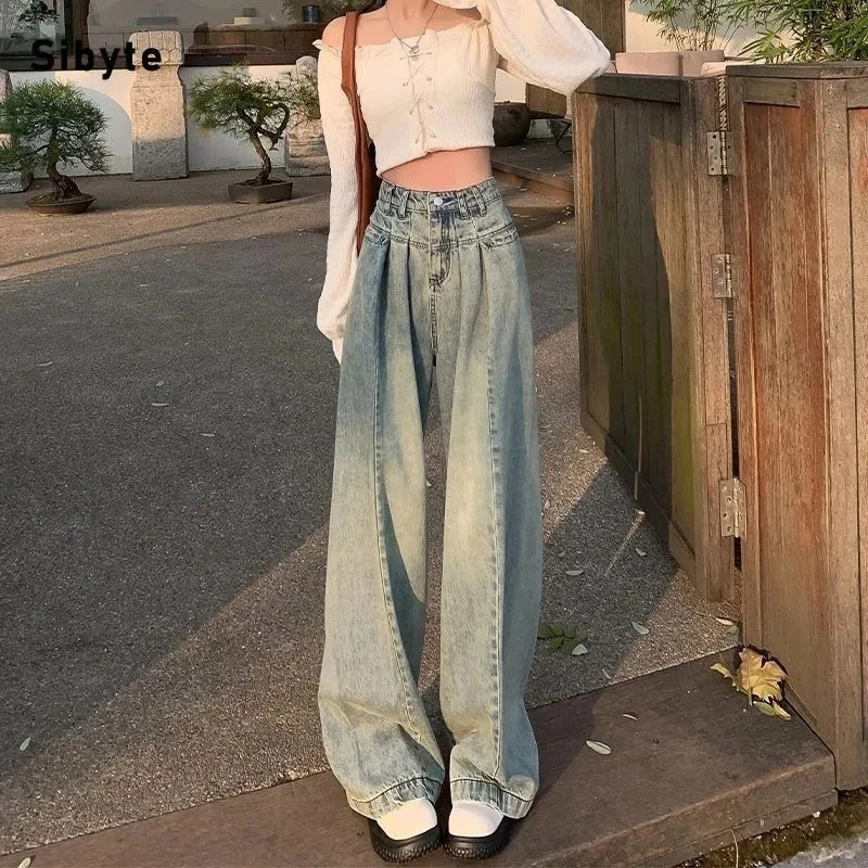 Zoki Vintage Light Blue Denim Wide Leg Pants Women Autumn High Waist Korean Loose Straight Jeans New Winter Streetwear Trousers