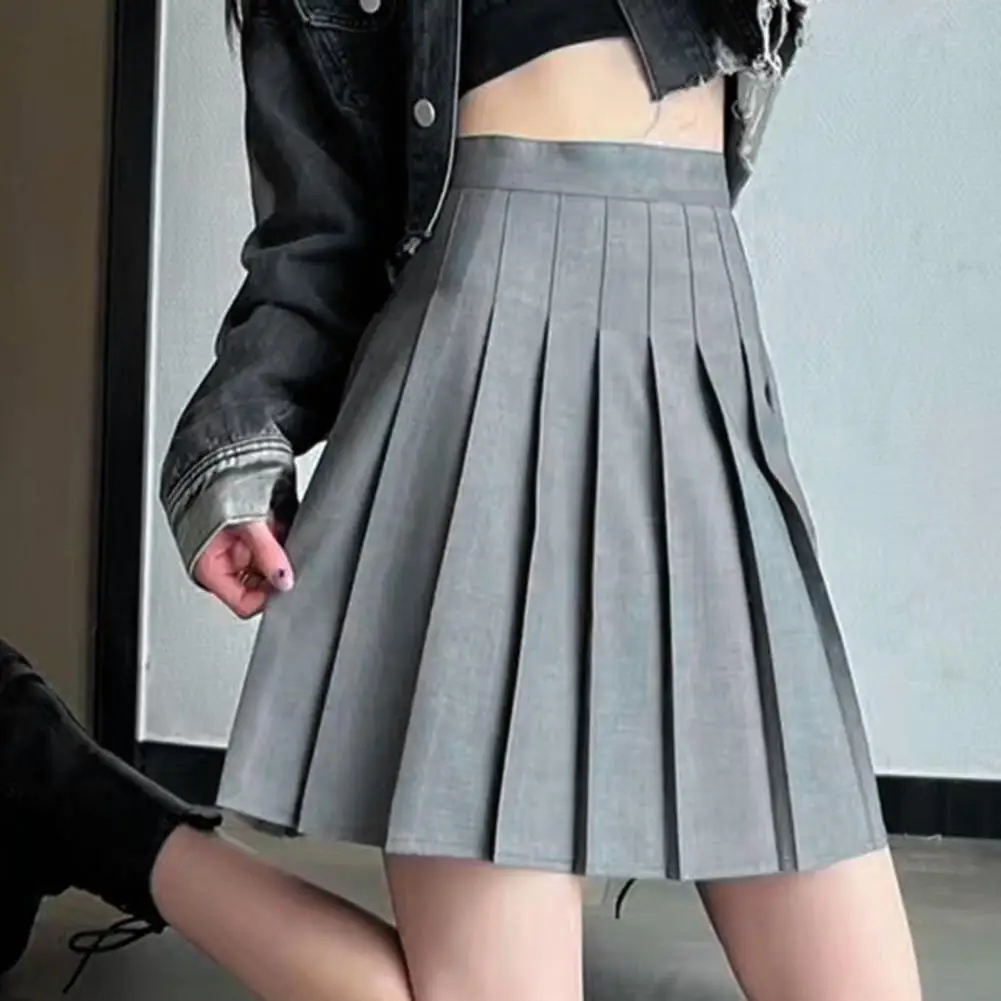 Mini Skirt High Waist Loose Hem Hidden Zipper Solid Color A-Line Pleated Skirt Female Clothing 2024