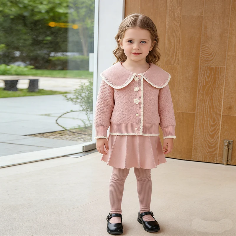 2026 New Spring Kids Knitted Clothing Suit Long Sleeved Knitted Cardigan+Short Skirt 2-6Yrs Baby Girls Clothing Set
