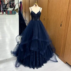 Lily Blue A Line Formal Dresses Tiered Layer Beaded Party Dress Spaghetti Strap Pleat V-Neck Special Occasion Dress robe soirée