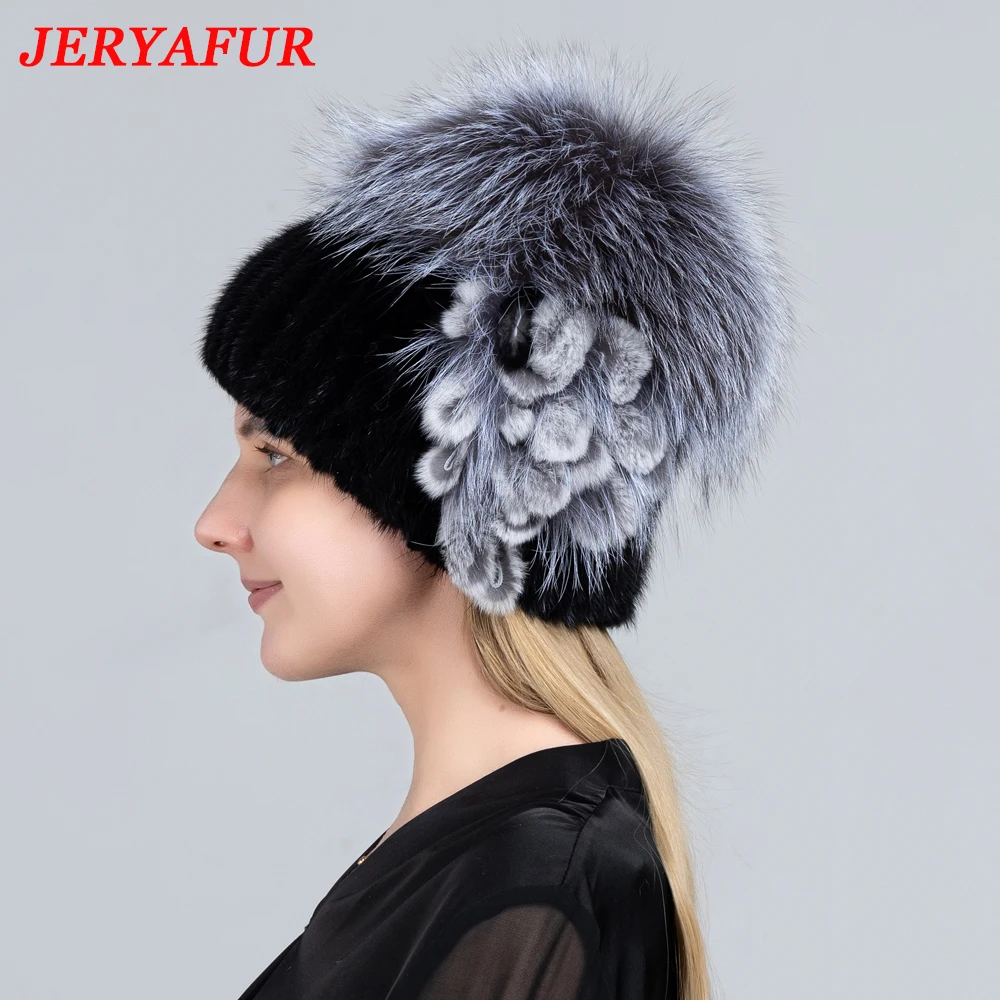 JERYAFUR Women's Fur Hats Fluffy Winter Warm Knitted Natural Mink Fur Hats Fashion Top Hats Women's Natural Fur Hats