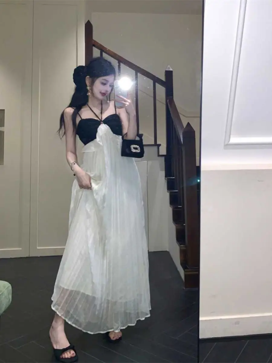 Vestido camisero francés con franjas de Color y cuello Halter para mujer, nuevo vestido elegante Vintage ajustado de verano