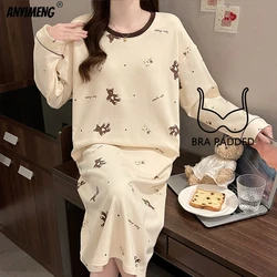 Autumn Winter Women Long Sleepshirts Leisure Loose New Pullover Nightdress Casual Lady Nightgown Soft Faux Cotton Bra Pads Dress