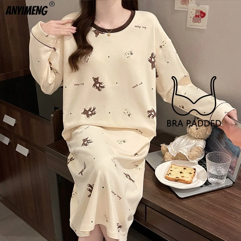 Autumn Winter Women Long Sleepshirts Leisure Loose New Pullover Nightdress Casual Lady Nightgown Soft Faux Cotton Bra Pads Dress