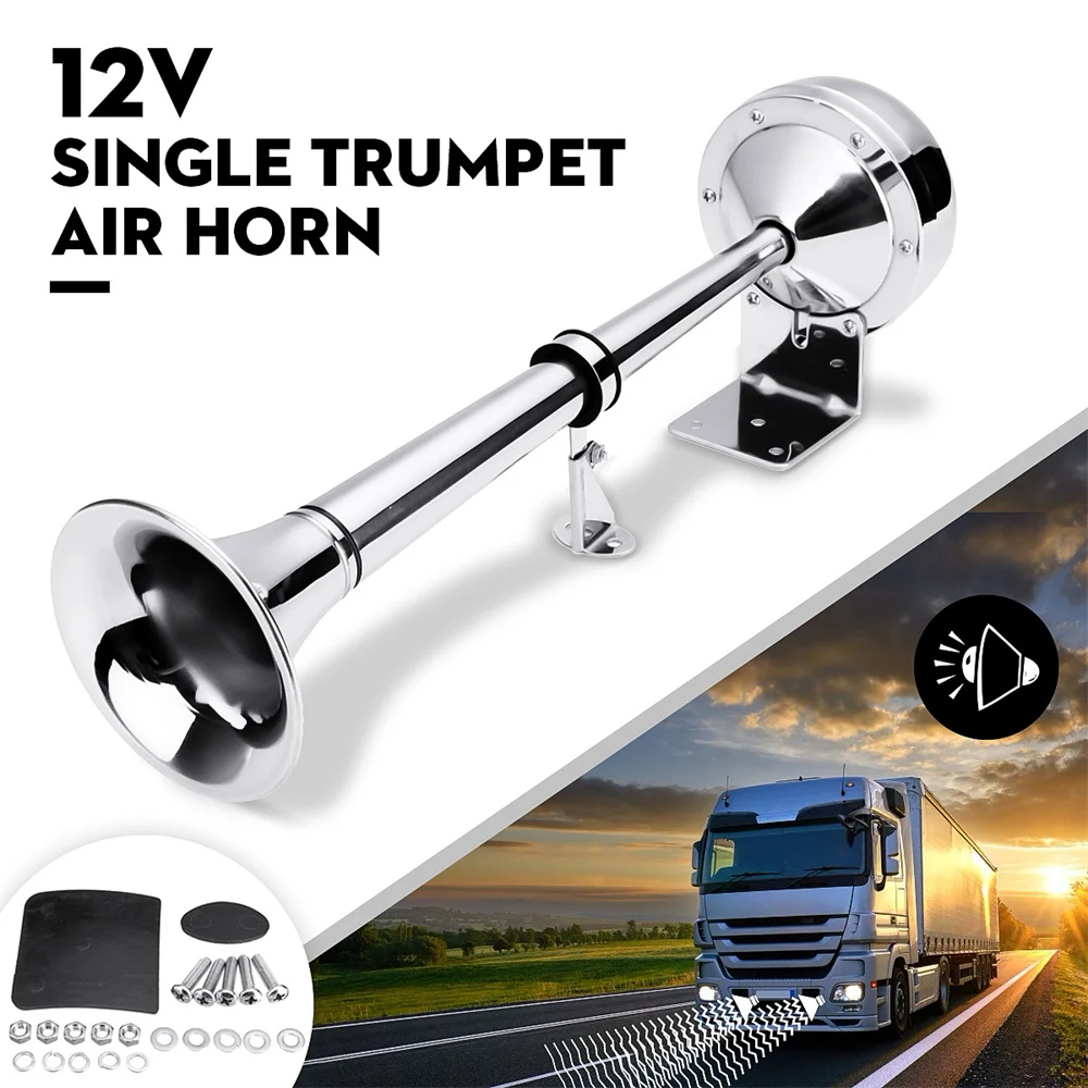 12V/24V Polished Stainless Steel Single Trumpet Horn Low Tone for Marine Boat Truck Lorry Caravan RV