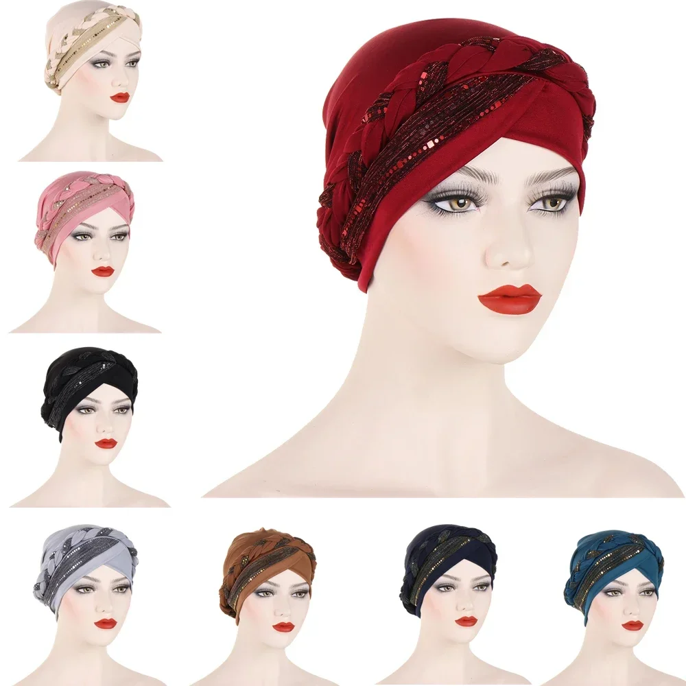 

Мусульманские женщины, хиджаб с блестками, тюрбан, косы, шапочки, капот, исламский платок, шапка от рака, химиотерапия, повязка на голову от выпадения волос, Turbante Mujer