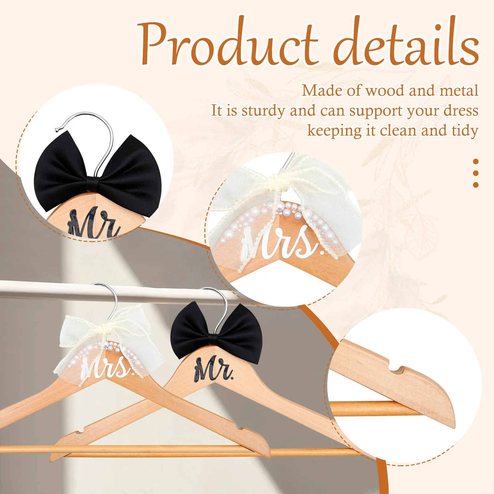 4 قطعة شماعات الملابس فستان شماعات مع القوس اللؤلؤ العروس العريس ثوب فستان سهرة دعوى مكافحة زلة شماعات خشبية لوازم الزفاف