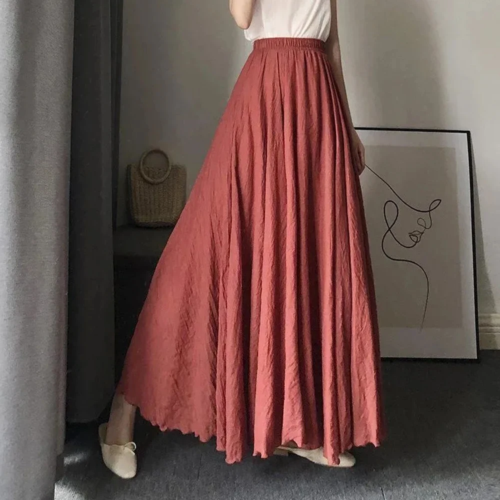 Women’s Cotton Linen Effect Dance Skirt Ladies A line Pleated Midi Skirts Girl S-2XL Casual High Waist Elastic Waist Long Skirt