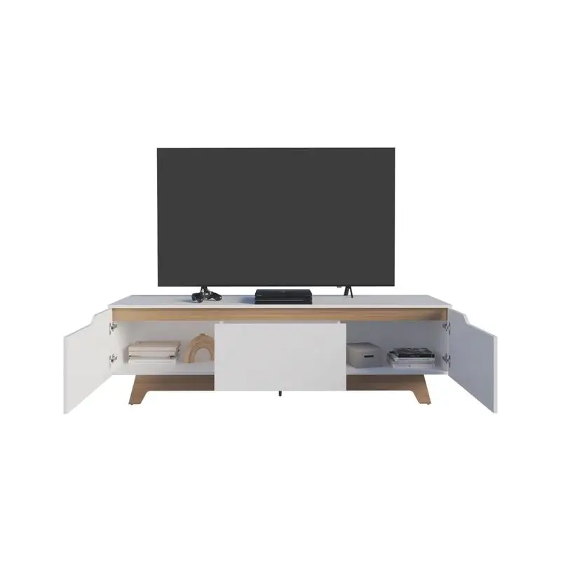 Modern TV Stand, 2-Door Entertainment Center, Open Shelves, Cable Management, White and Natural Oak Finish, Stylish Design for