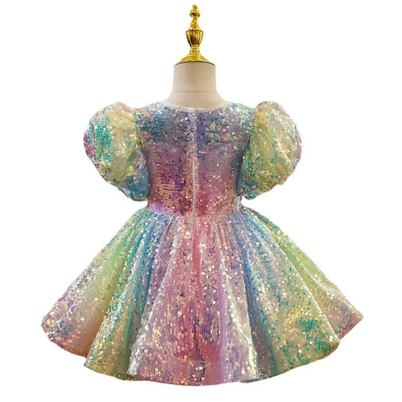 Vestido de lentejuelas para niña, ropa de fiesta de cumpleaños, mangas abullonadas, brillantes, Pastel, ombré