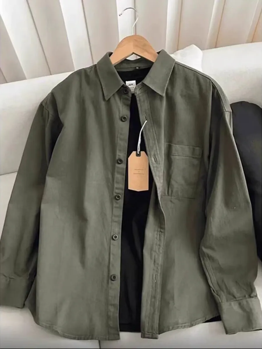American Retro Heavyweight Workwear Long Sleeve Shirt Men's  Loose Casual Versatile Thick Casual Top Coat