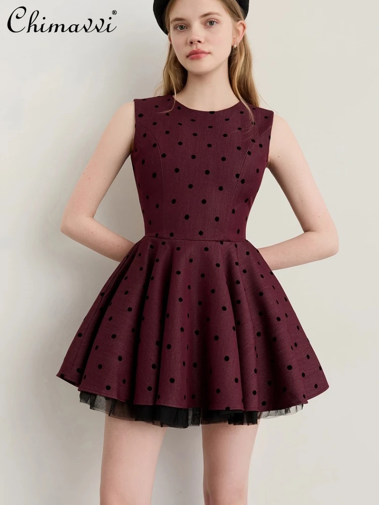 

French Elegant Socialite Red Dot Birthday Dresses Round Neck Sleeveless Mesh Patchwork High Waist Slim A-line Short Dress Women