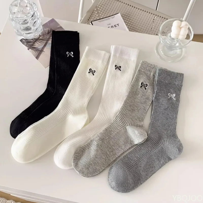 5 Pairs Solid Color Lightweight Breathable Soft Comfortable Casual Long Socks Women Butterfly Knot Mid Length Socks