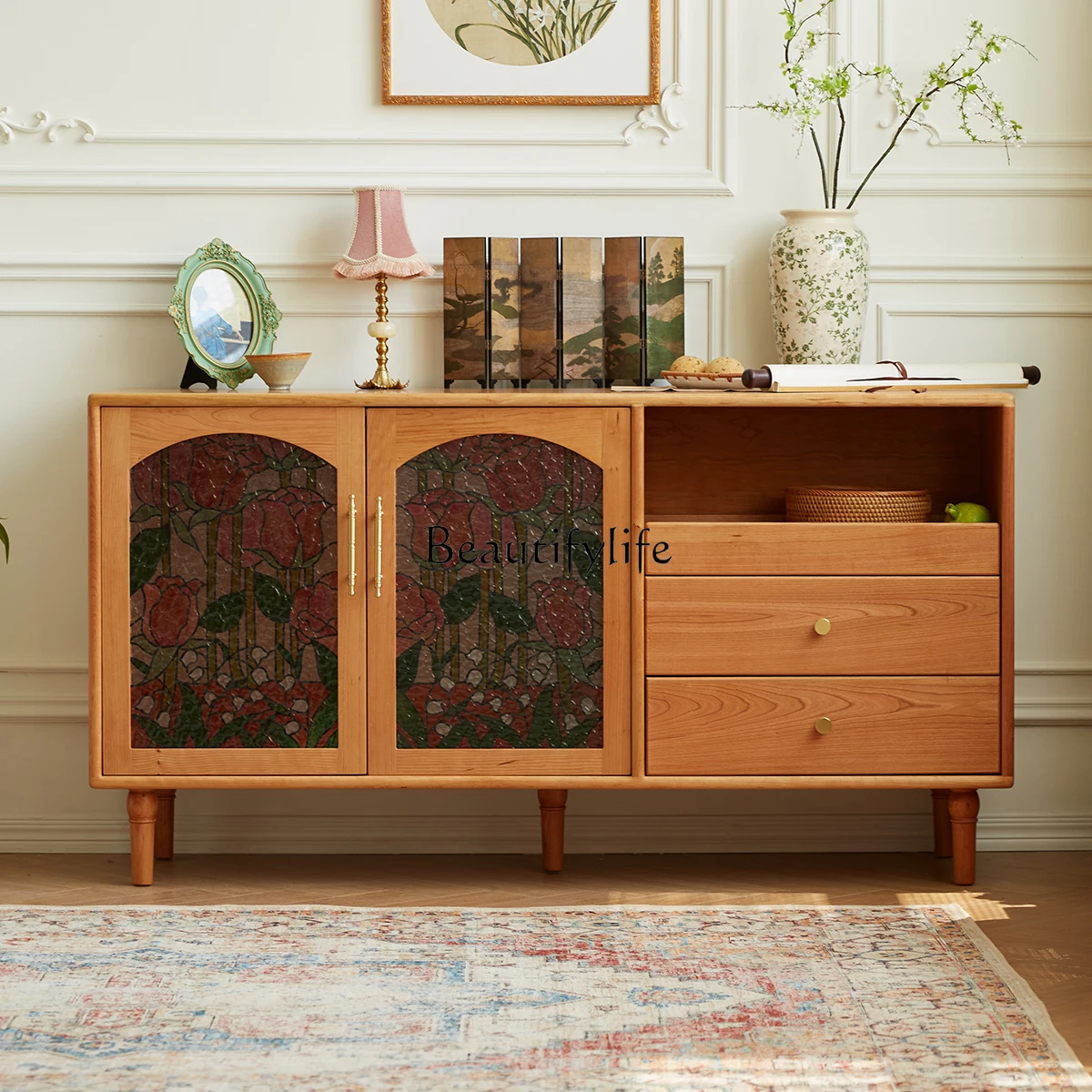 

01Wall wine cabinet living room solid wood retro storage cabinet