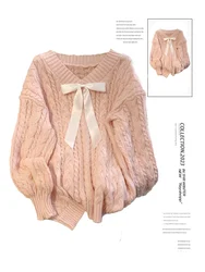 Women's Pink Bow Pullover Knitted Sweater Harajuku Aesthetic Y2k Long Sleeves V-Neck Sweaters Vintage 2000s Clothes Autumn 2024