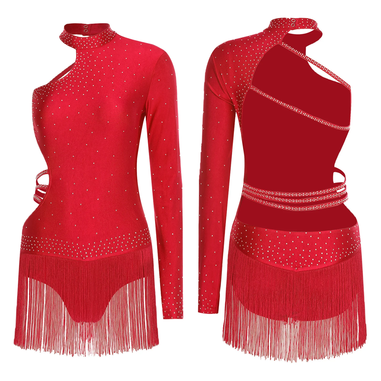 Dames Latin Dance Turnpakje Body Glittery Single Lange Mouw Strappy Backless Kwastje Jumpsuit voor Chacha Tango Prestaties