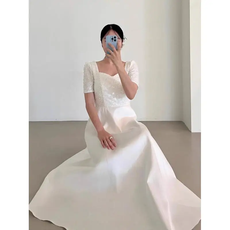 Vestido de casamento leve com lantejoulas de cetim, mangas curtas simples, certificado de noivado, vestido de noite personalizado