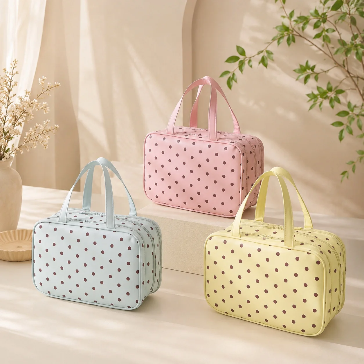2026 Polka-Dot Handheld Cosmetic Bag with Three-Layer Partition Large-Capacity Portable Travel Toiletry And Storage Bag