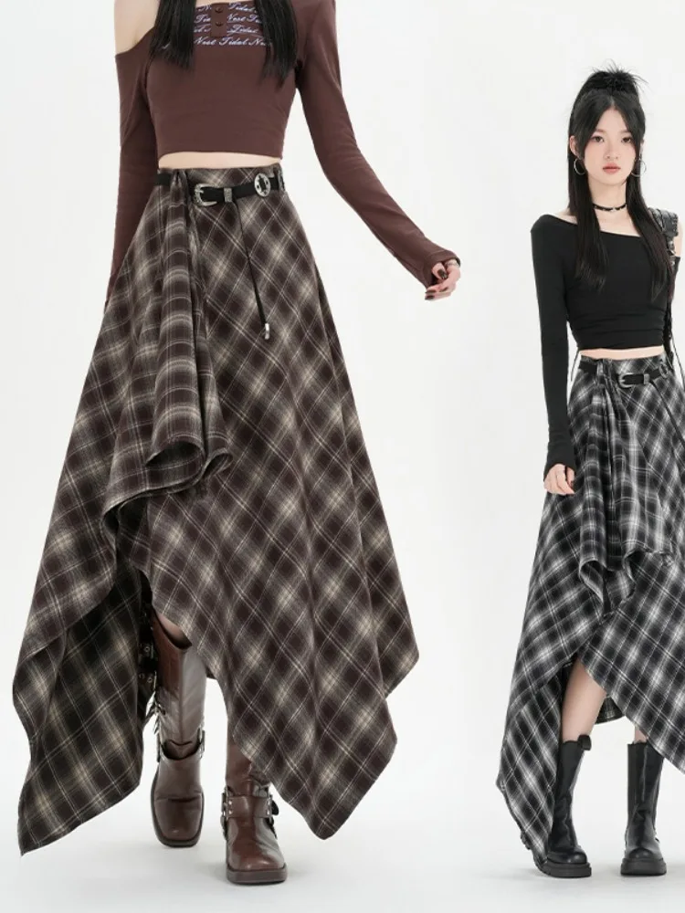 

Юбка миди А-силуэта с высокой талией для женщин, в клетку, асимметричного дизайна, повседневная, больших размеров, осенне-зимняя, с эффектом похудения