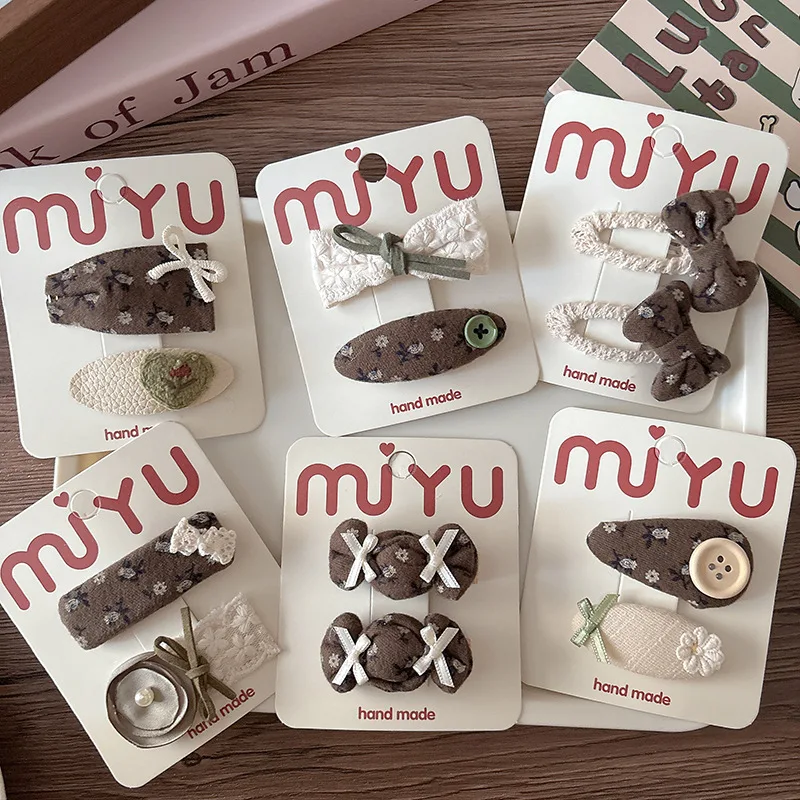 

2pcs/set Autumn Brown Color Fabric Sweet Hair Clip for Baby Korean Fashion Lace Floral Print Bow Barrettes Kids Soft Headwear