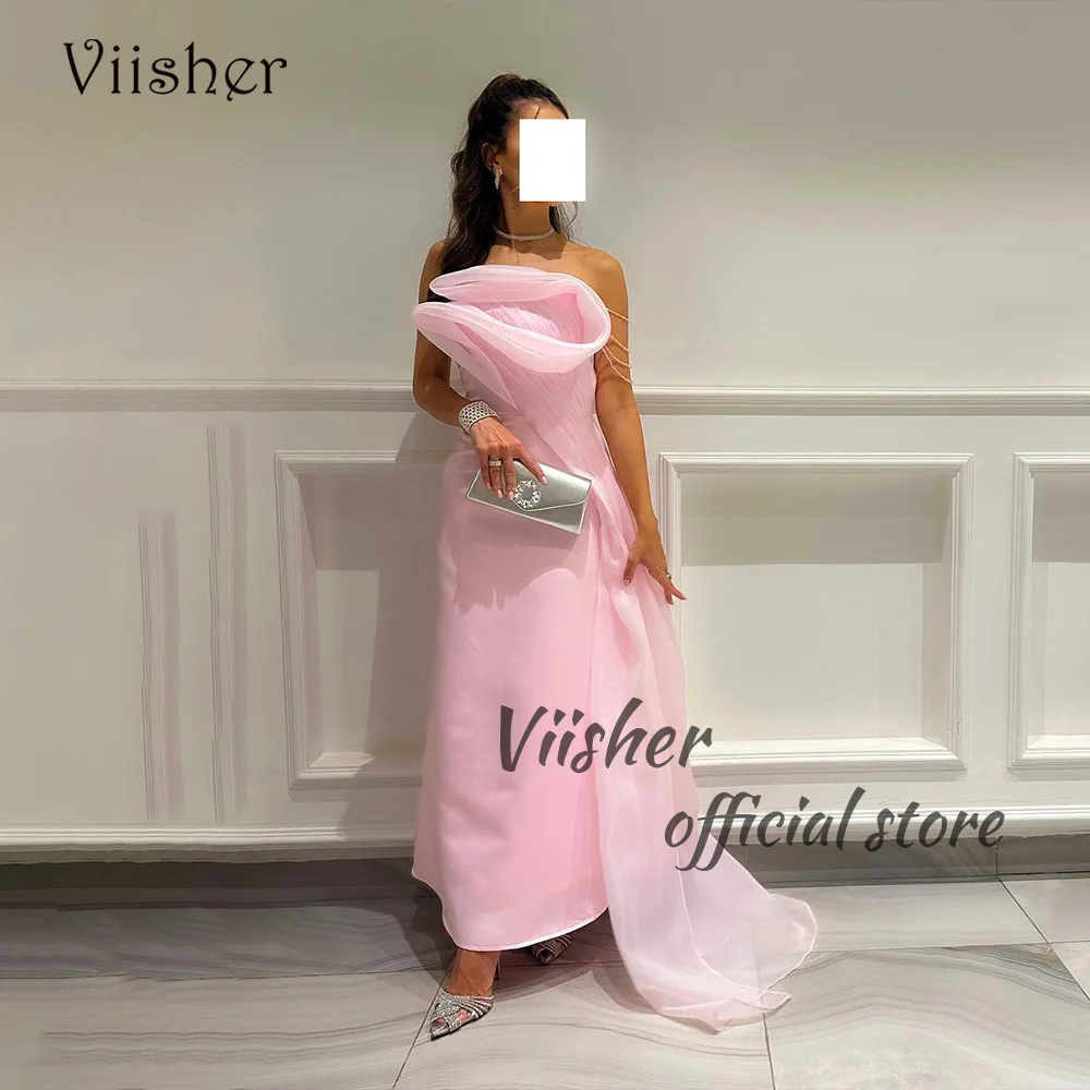 

Viisher Pink Organza Mermaid Evening Dresses Strapless Elegant Arabic Dubai Prom Party Dress with Train Long Celebrate Gowns