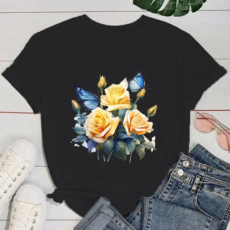 

Premium Women's Faion T-irt with Floral Design Hand-Painted Cusizable DIY Clothing Harajuku Sle