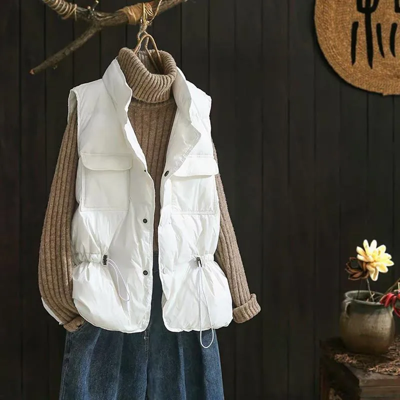 Autumn Winter Women Drawstring Bigsize Down Waistcoat Jacket Light White Duck Down Vest Parkas Female Warm Sleeveless Tank Coat