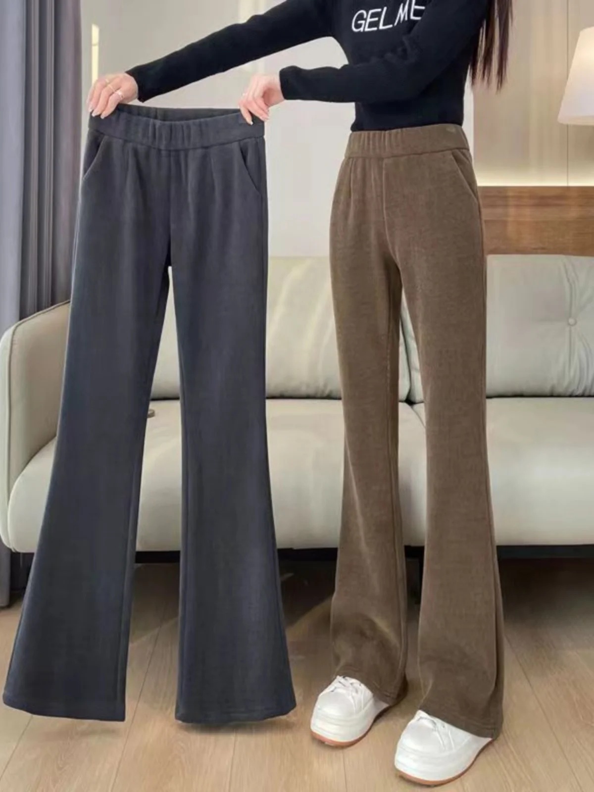 High Waist Fleece Lined Micro Flared Pants Women's Spring Autumn Elastic Casual Velvet Trousers Slimming Drapey Cuffed