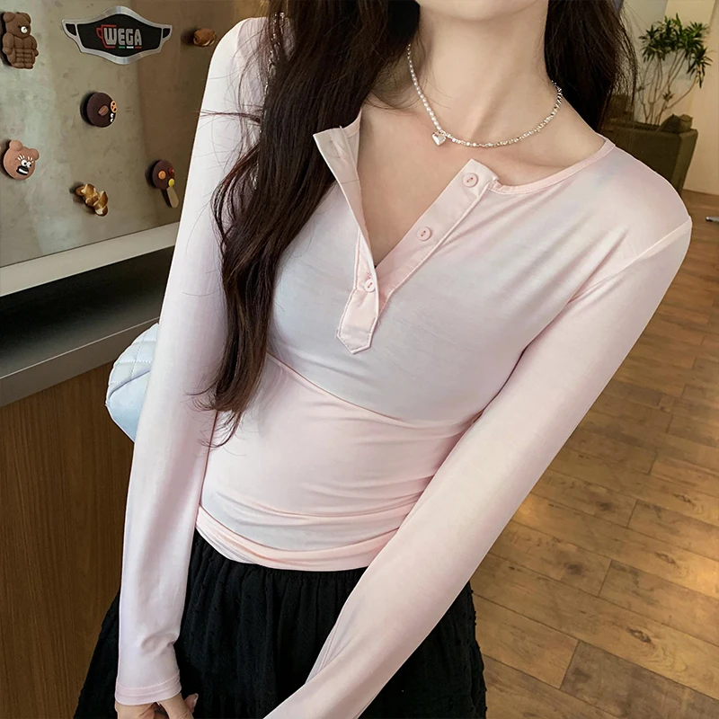 Korean Half-Open Collar Button Long Sleeves Shirt Women 2024 New Spicy Girl Solid Color Slim Fit Tops Fashion Simple T-shirt