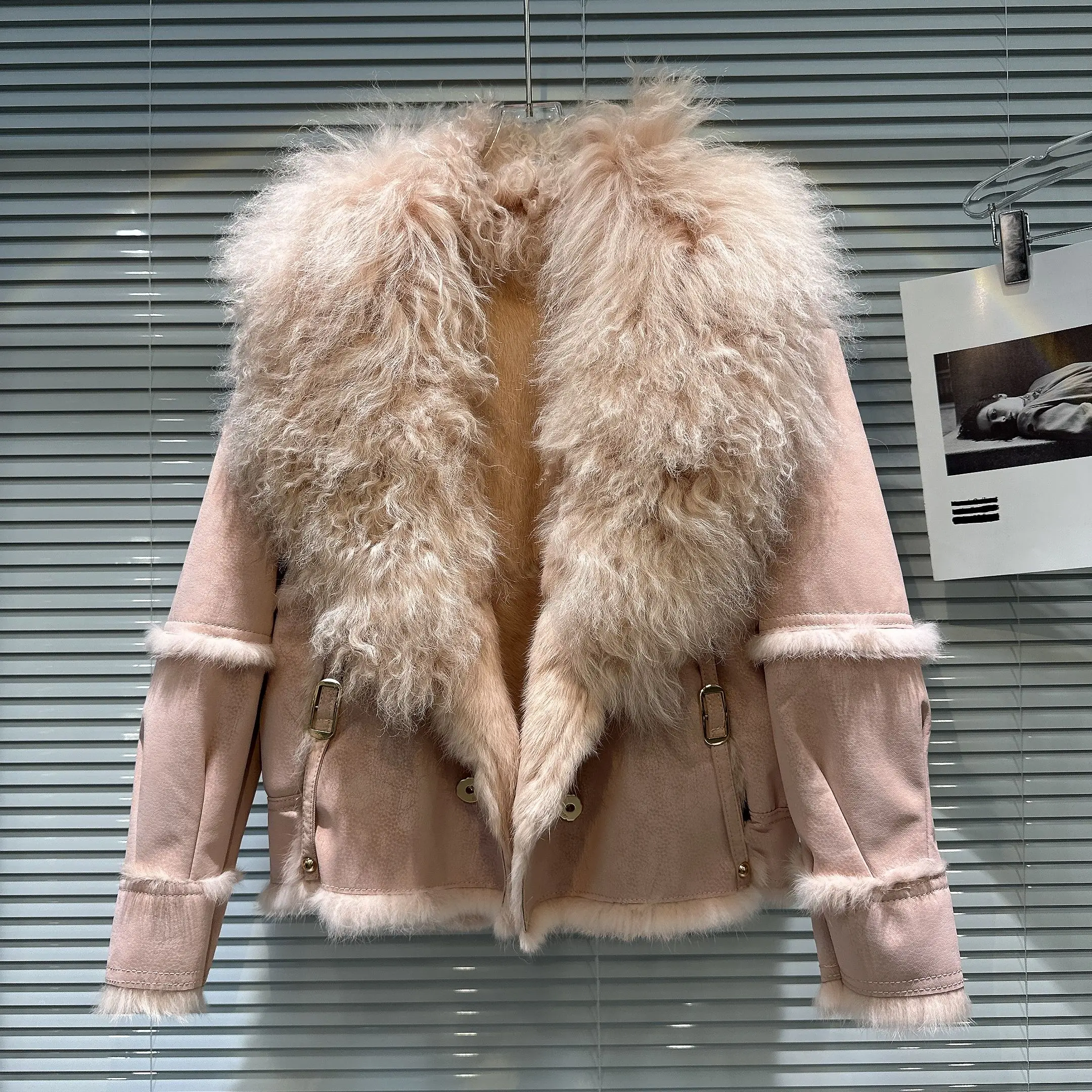 Veste haut de gamme avec col en fourrure d'agneau pour femme, vêtements d'hiver, streetwear, fourrure de lapin, manteau en cuir chaud, élégant, manches longues, nouveau, 2023