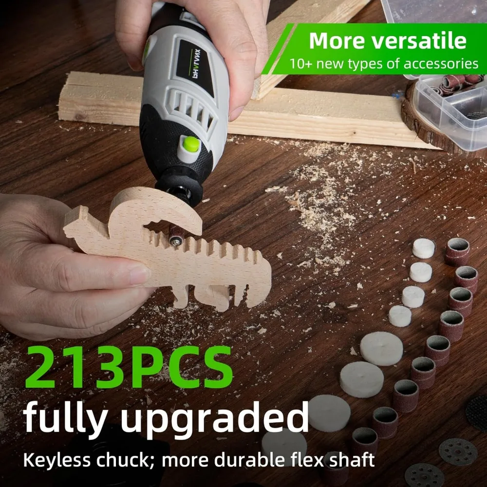 مجموعة أدوات دوارة 180 وات مع عمود مرن متغير 6 سرعات، مجموعة ملحقات 213 قطعة للاستخدام متعدد الأغراض