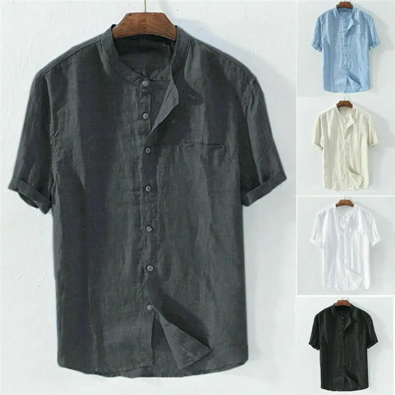 

Cotton Linen Hot Sale Men's Short-Sleeved Shirts Summer Solid Color Turn-down collar Casual Beach Style Plus Size