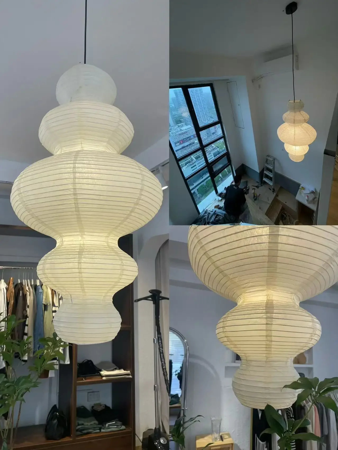 Japanese Isamu Noguchi Paper Chandelier Loft Staircase Paper Hanging Lamp Wabi-sabi Style Hotel Restaurant Retro Pendant Lights