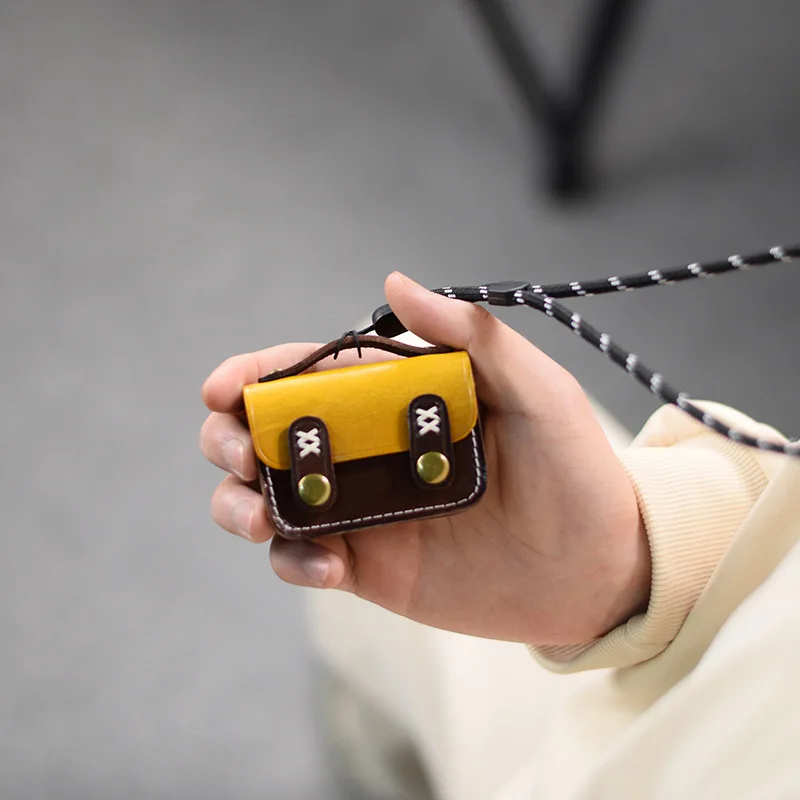 Earphone Protect Bag Creative Design Colorblock Genuine Cow Leather Change Wallet Small Coin Purse Halter Neck Button Mini Pouch